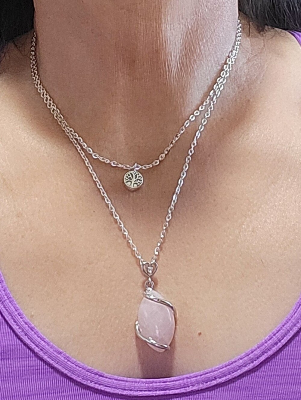 Silver Plated, 2 Strand Necklase with  Three of Life Charm & Rose Quartz Pendant